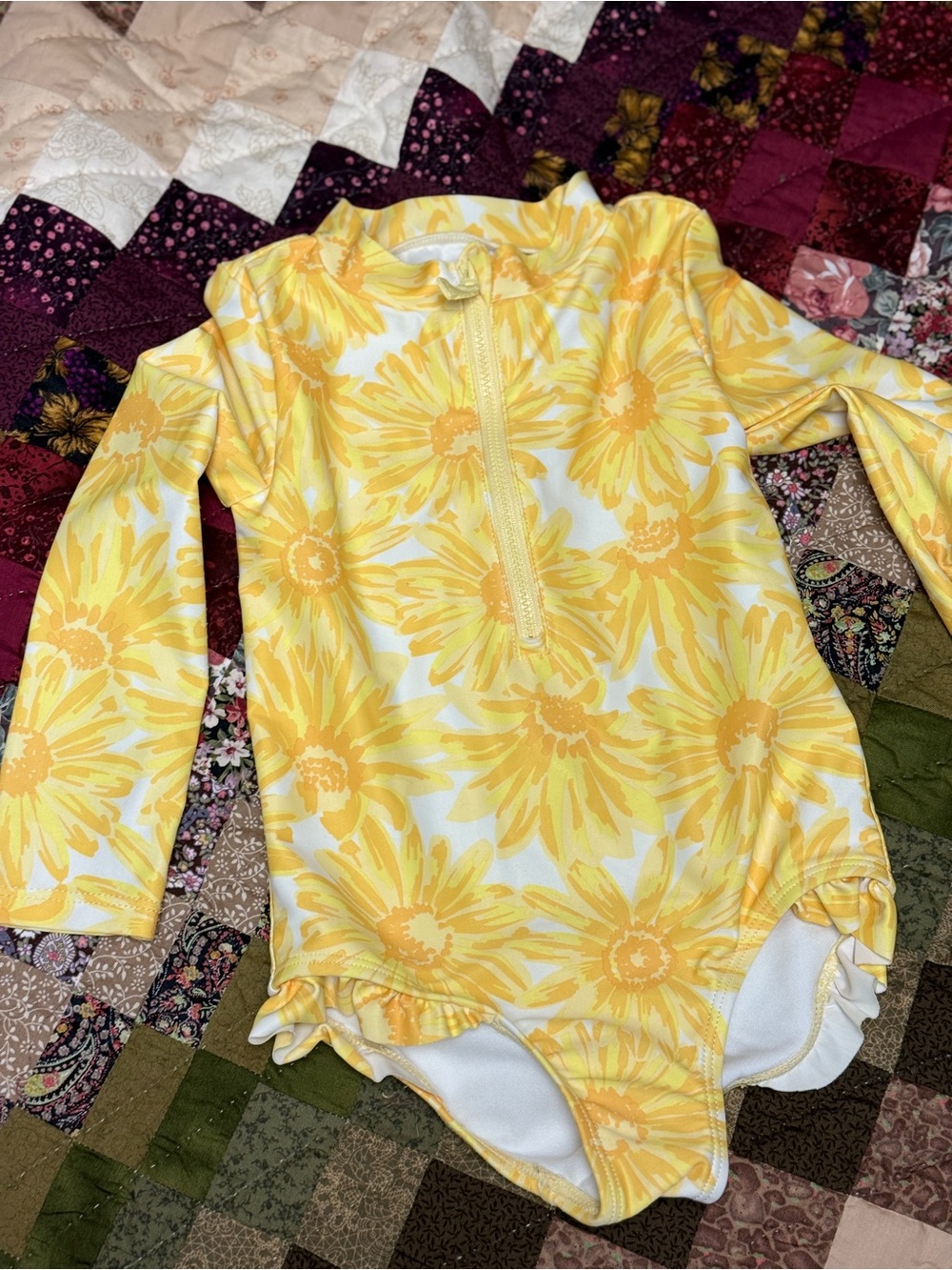 Yellow Floral Long-Sleeve Rash Guard One-Piece for Kids
